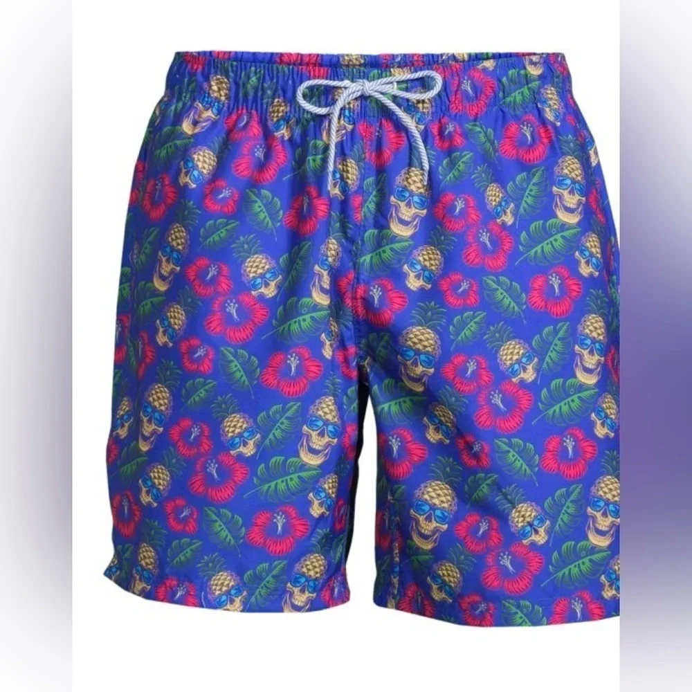 Tailorbyrd Blue Floral Skull pineapple  Swim Shorts